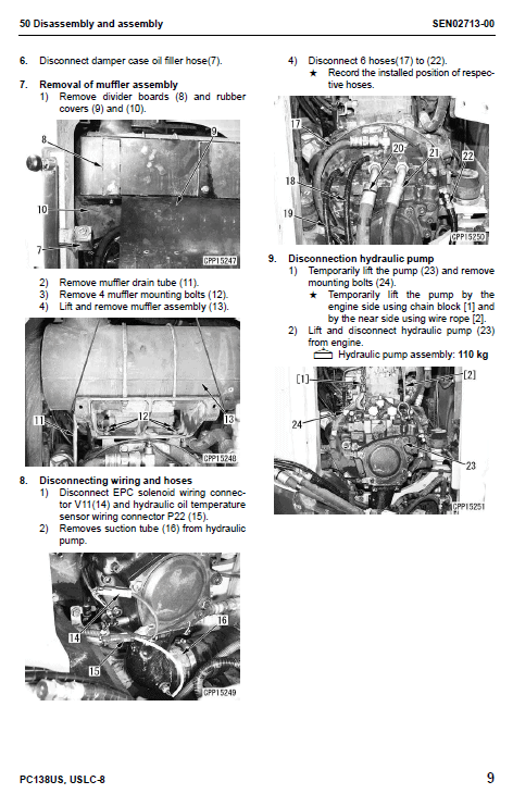 Komatsu PC138US PC 138 USLC Excavadora Taller Manual del taller reimpreso Peine atado 