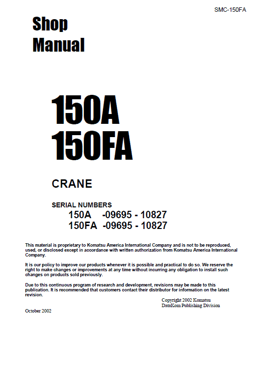 Komatsu 150a And 150fa Hydraulic Crane Service Manual