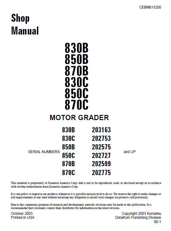 Komatsu 830c, 850c, 870c Motor Grader Service Manual