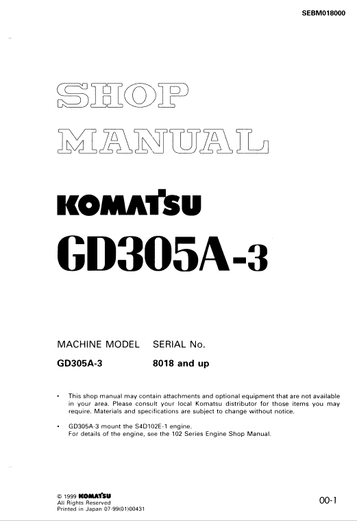 Komatsu Gd305a-3 Motor Grader Service Manual