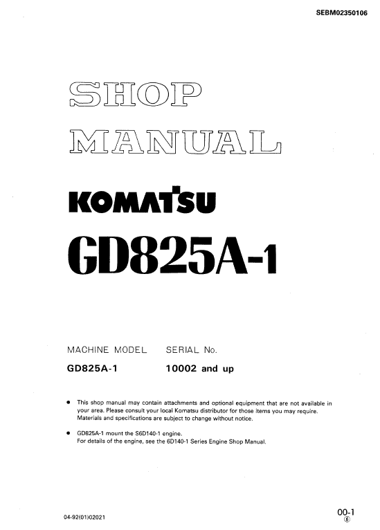 Komatsu Gd825a-1 Motor Grader Service Manual