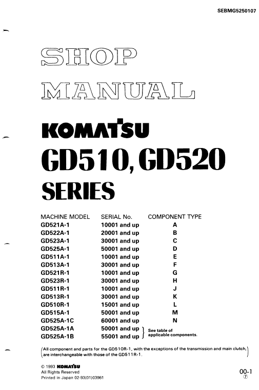 Komatsu Gd525a-1, Gd525a-1a, Gd525a-1b, Gd525-1c Grader Manual