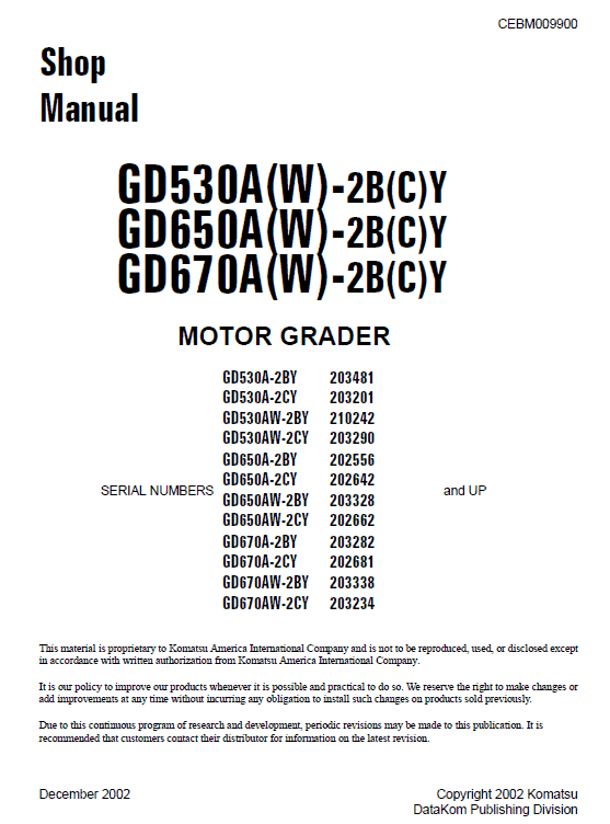 Komatsu Gd530a, Gd650a, Gd670a Series Motor Grader Manual