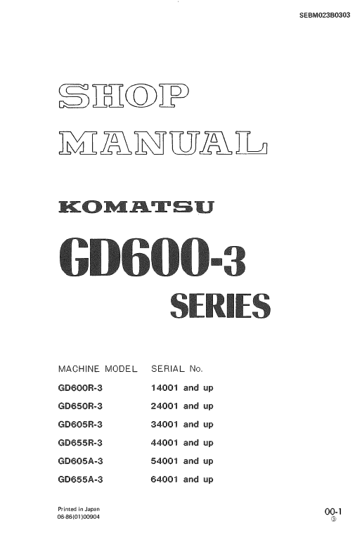 Komatsu Gd600r-3, Gd605r-3, Gd650r-3 Grader Service Manual