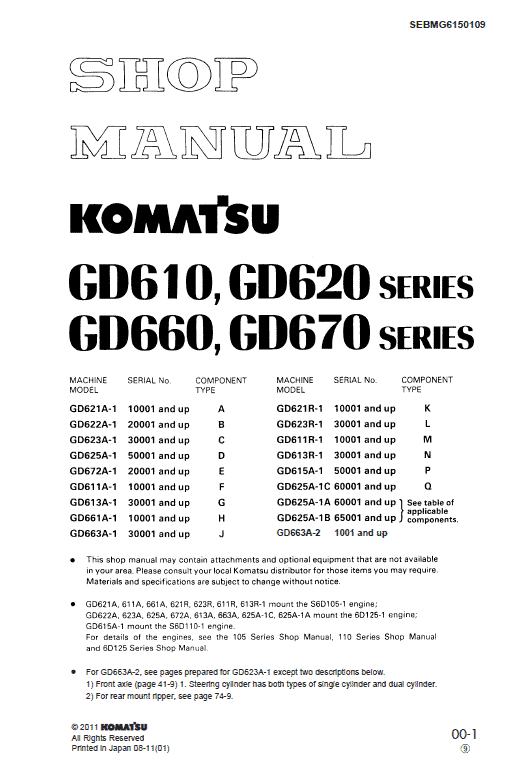 Komatsu Gd611, Gd613, Gd615 Motor Grader Service Manual