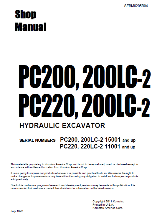 Komatsu Pc200-2, Pc200lc-2, Pc220-2, Pc220lc-2 Excavator Manual