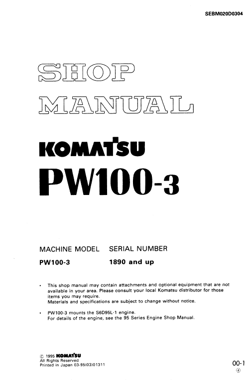 Komatsu Pw100-3 Excavator Service Manual