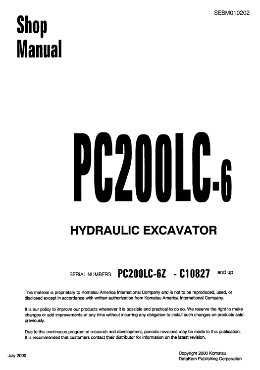 Komatsu Pc200lc-6 Excavator Service Manual