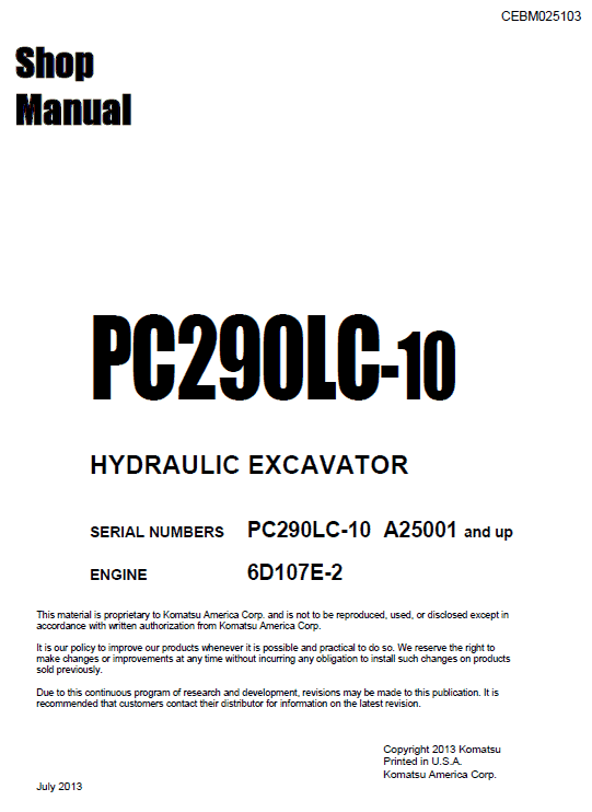 Komatsu Pc290lc-10 Excavator Service Manual