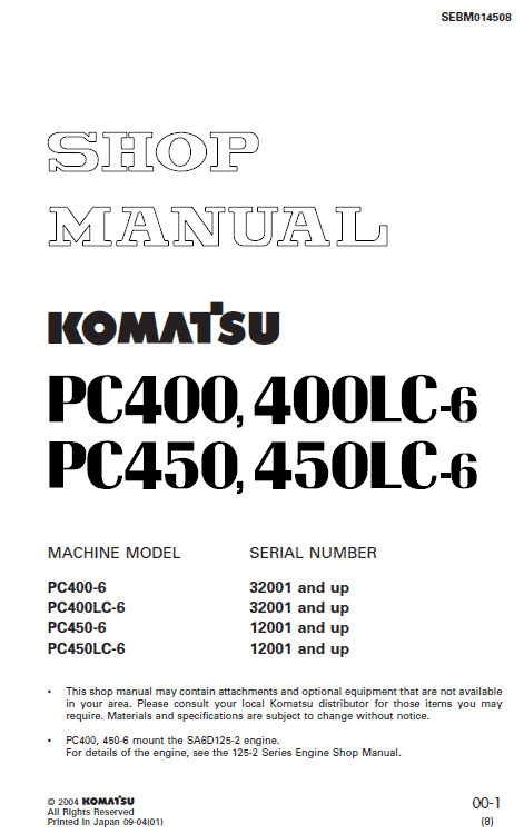 Komatsu Pc400-6, Pc400lc-6 Excavator Service Manual