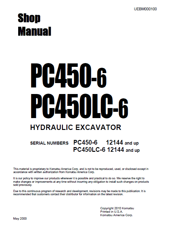 Komatsu Pc450-6, Pc450lc-6, Pc450-6k, Pc450lc-6k Excavator Manual