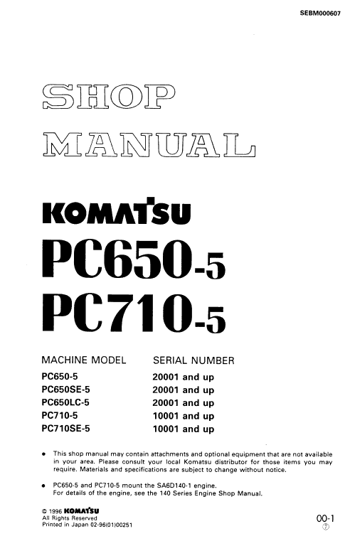 Komatsu Pc650-5 And Pc710-5 Excavator Service Manual