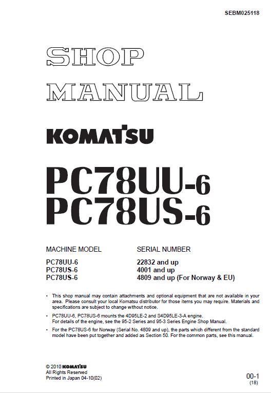 Komatsu Pc78uu-6, Pc78us-6 Excavator Service Manual