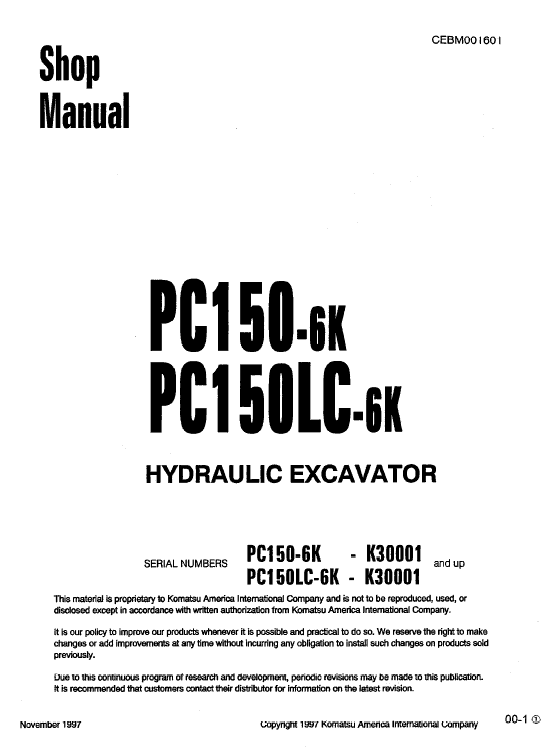 Komatsu Pc150 6k Pc150lc 6k Excavator Service Manual