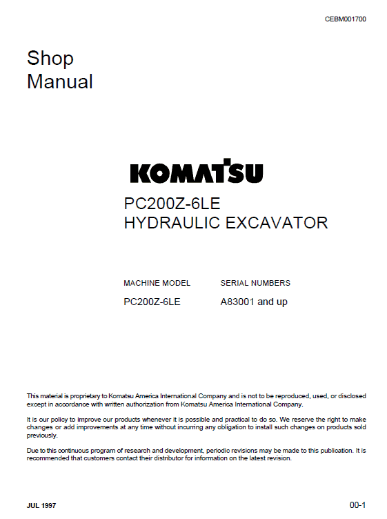 Komatsu Pc200z-6le Excavator Service Manual