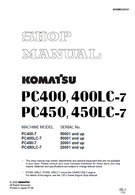 Komatsu Pc400-7, Pc400lc-7, Pc450-7, Pc450lc-7 Excavator Manual
