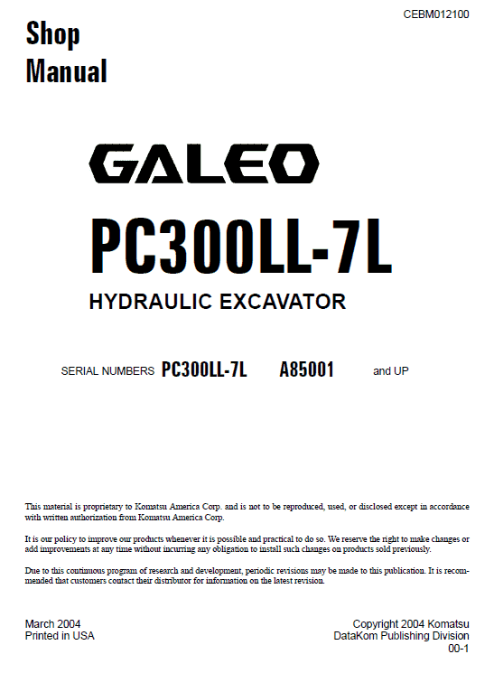 Komatsu Galeo Pc300ll-7l Excavator Service Manual