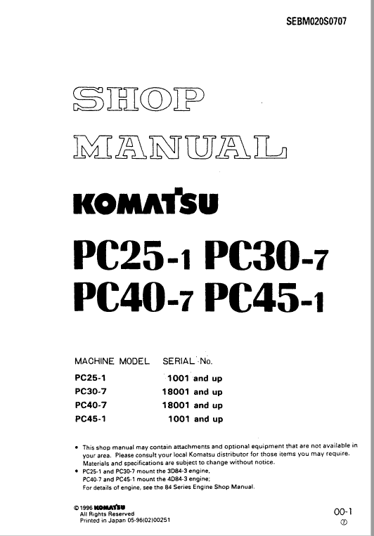Komatsu PC25-1 PC30-7 PC40-7 PC45-1 Excavator Service Shop Manual in ring binder 
