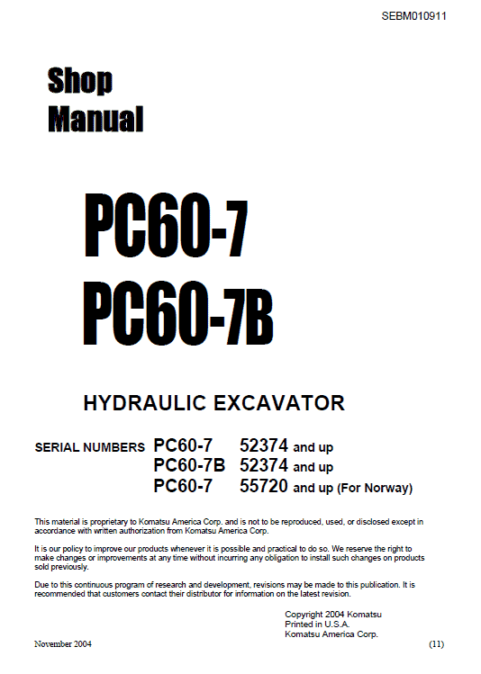 Komatsu Pc60-7 And Pc60-7b Excavator Service Manual