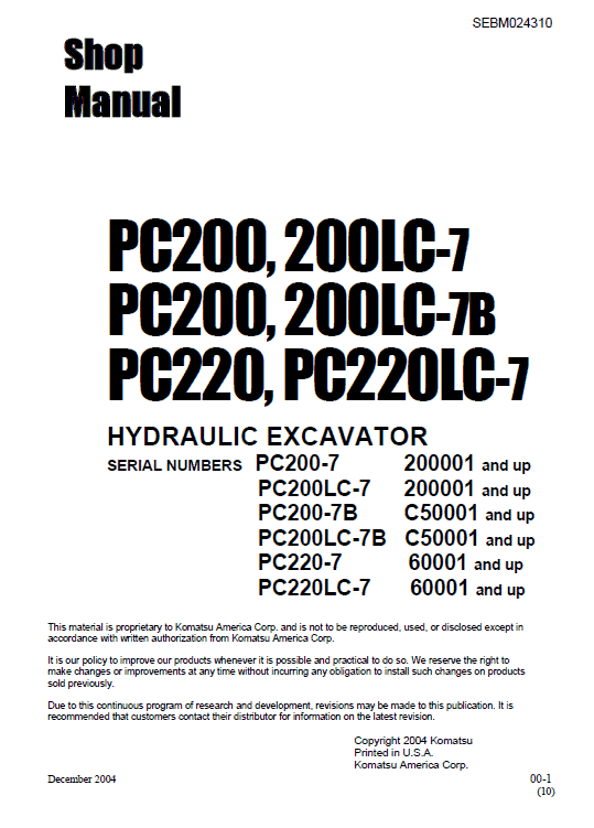 Komatsu Pc200-7, Pc200lc-7, Pc220-7, Pc220lc-7 Excavator Manual