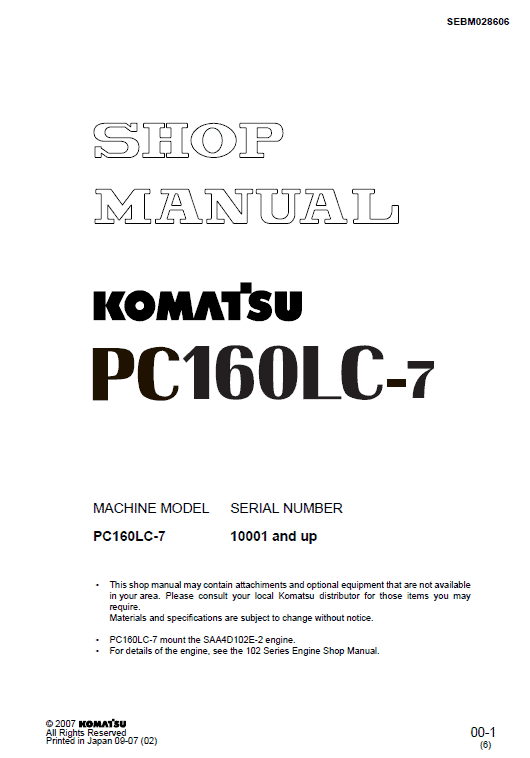 Komatsu Pc160lc-7 Excavator Service Manual