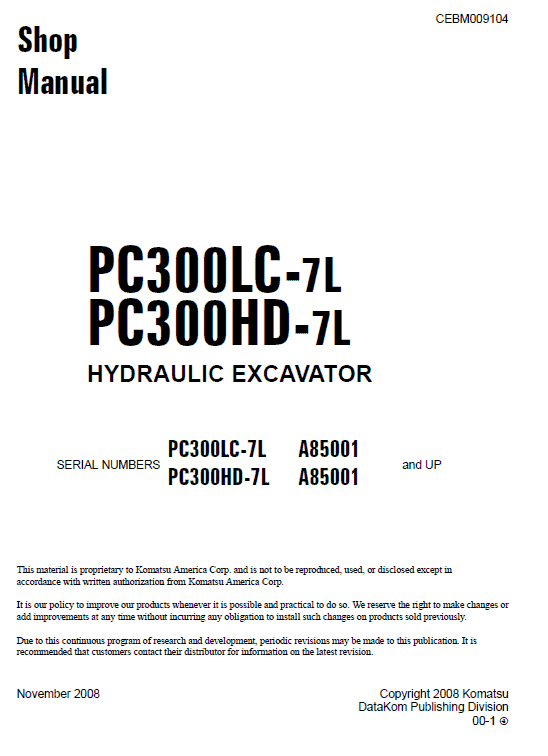 Komatsu Pc300lc-7l, Pc300hd-7l Excavator Service Manual