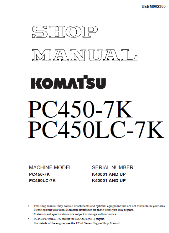 Komatsu Pc450-7k And Pc450lc-7k Excavator Service Manual