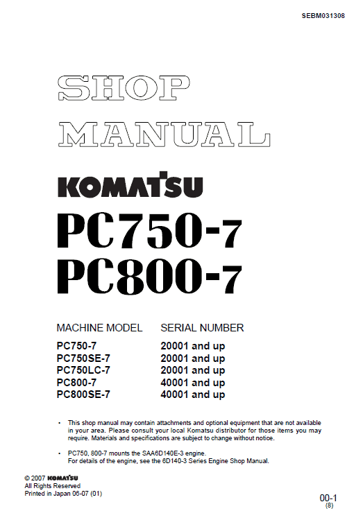 Komatsu Pc750-7, Pc750lc-7, Pc800-7, Pc800se-7 Excavator Service Manual
