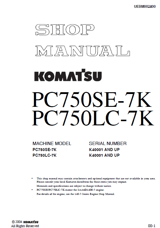 Komatsu Pc750se-7k, Pc750lc-7k Excavator Service Manual