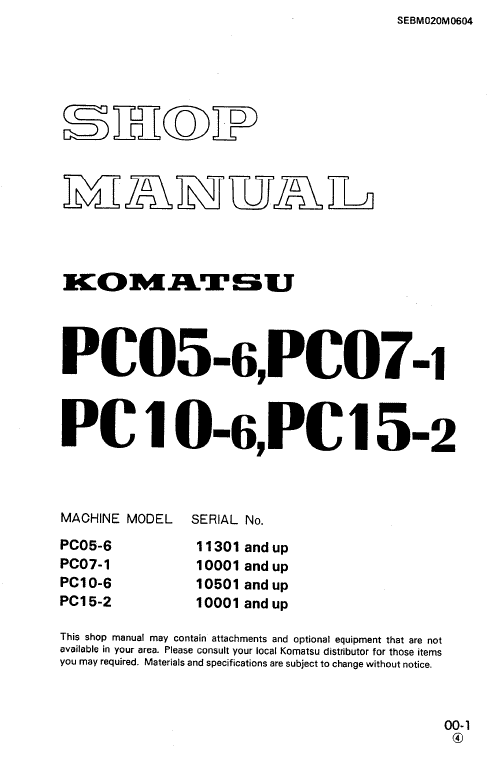 Komatsu Pc05-6, Pc07-1, Pc10-6, Pc15-2 Excavator Manual