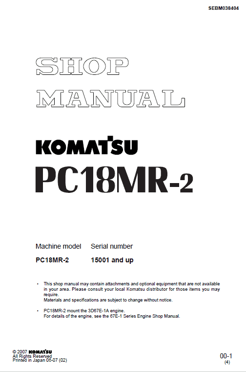 Komatsu Pc18mr-2 Excavator Service Manual