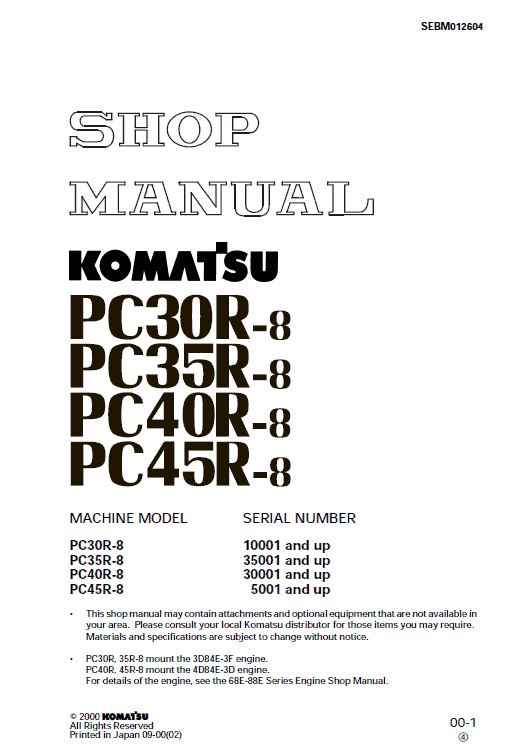 Komatsu Pc30r-8, Pc35r-8, Pc40r-8, Pc45r-8 Excavator Service Manual