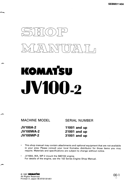 Komatsu Jv100a-2, Jv100wa-2, Jv100wp-2 Drum Rollers Manual