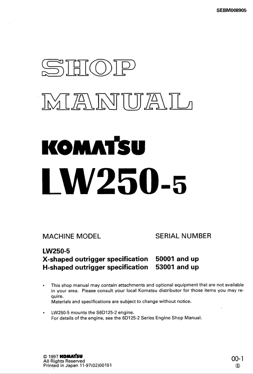 Komatsu Lw250-5 Crane Service Manual