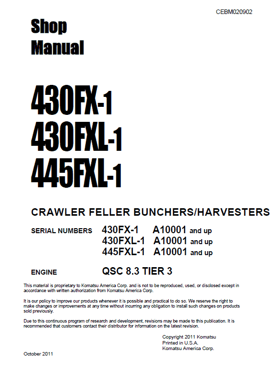 Komatsu 430fx-1, 430fxl-1, 445fxl-1 Feller Buncher Manual