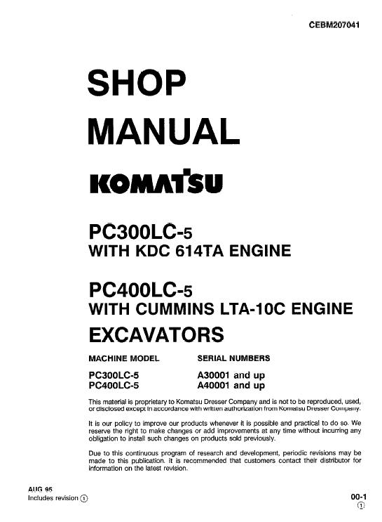 Komatsu Pc300-5, Pc300lc-5, Pc300hd-5 Excavator Service Manual