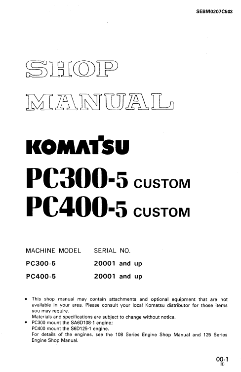 Komatsu Pc400-5, Pc400lc-5, Pc400hd-5 Excavator Service Manual