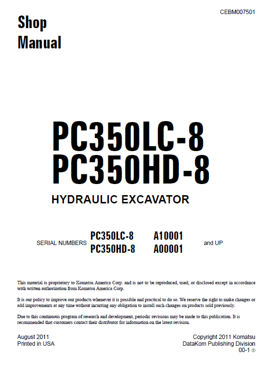 Details about   KOMATSU HYDRAULIC EXCAVATOR PC350-8 Thru PC350NLCD-8  Service Repair Manual CD 
