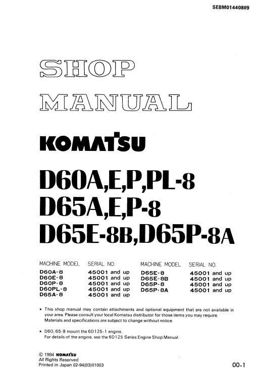 Komatsu D65a-8, D65e-8, D65e-8b, D65p-8, D65p-8a Dozer Manual