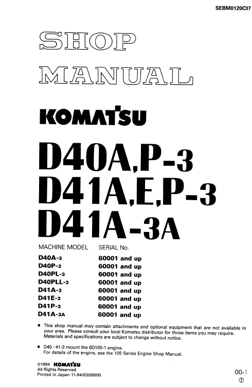 Komatsu D40a-3, D40p-3, D40pl-3, D40pll-3 Dozer Service Manual