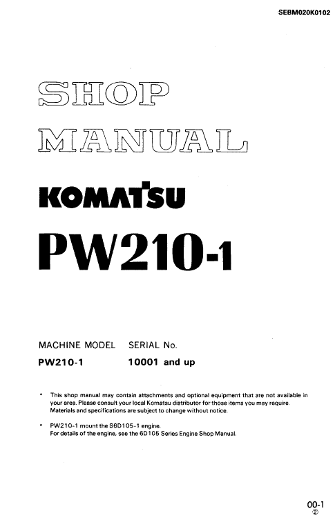 Komatsu Pw210-1 Excavator Service Manual