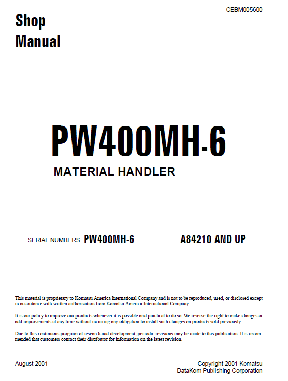Komatsu Pw400mh-6 Excavator Service Manual