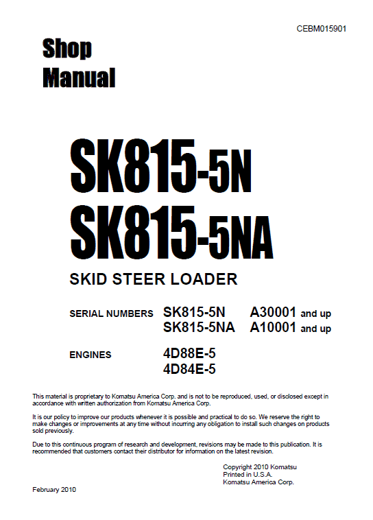 Komatsu Sk815-5n, Sk815-5na Skid-steer Loader Service Manual
