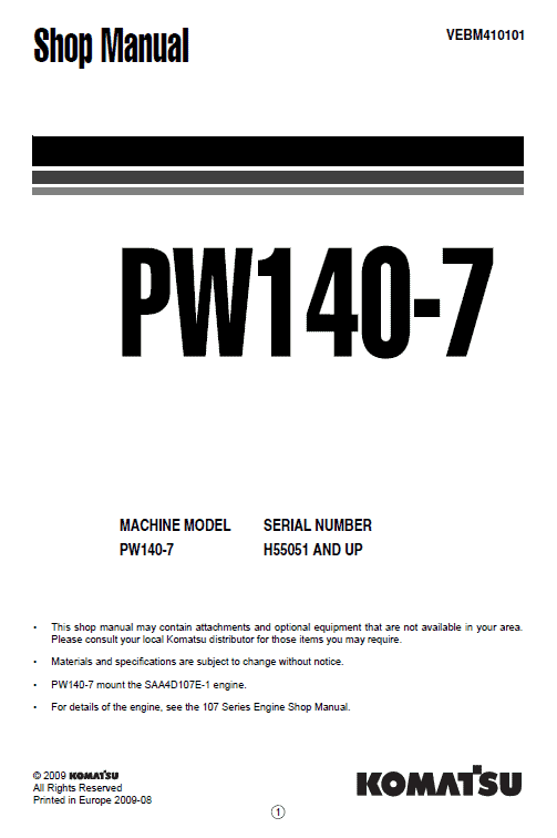 Komatsu Pw140-7 Excavator Service Manual