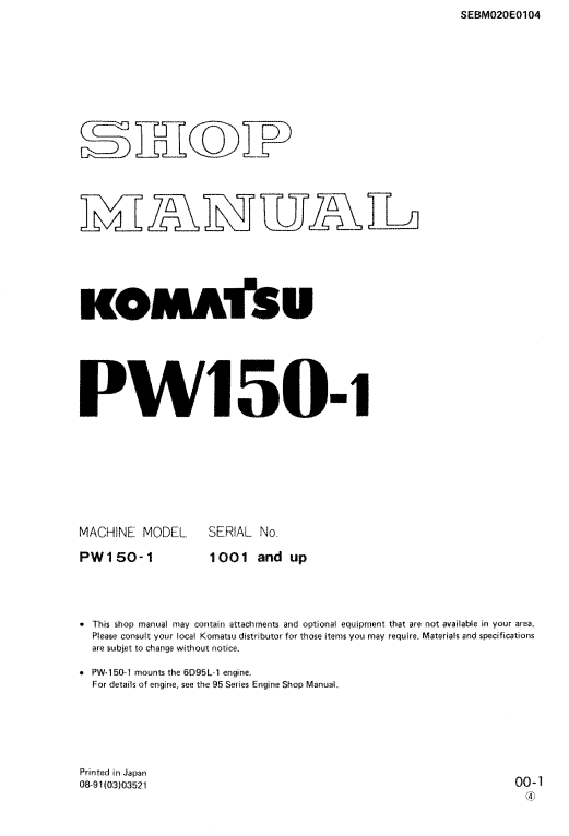 Komatsu Pw150-1 Excavator Service Manual