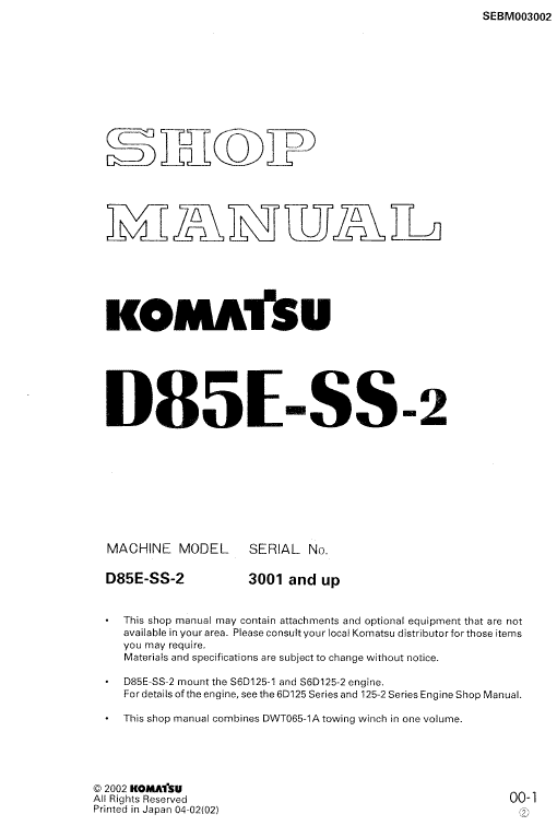 Komatsu D85ess-2, D85ess-2a Dozer Service Manual