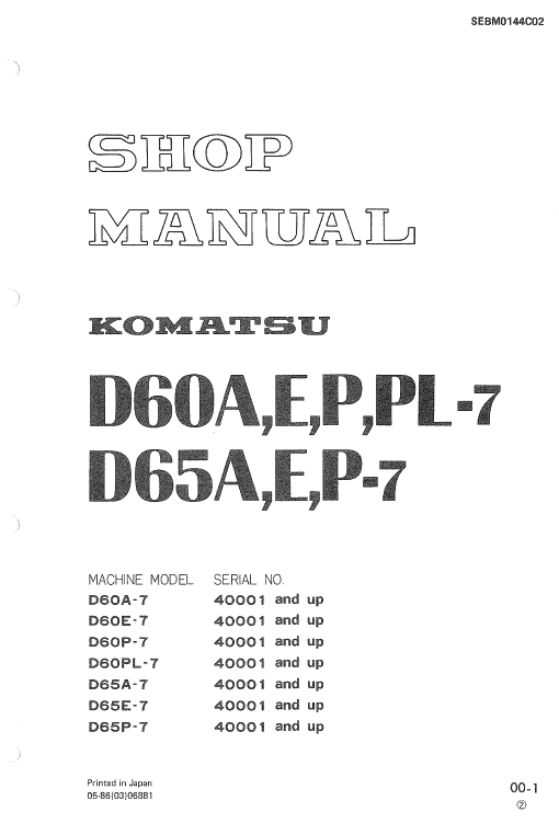 Komatsu D60a-7, D60e-7, D60p-7, D60pl-7 Dozer Service Manual