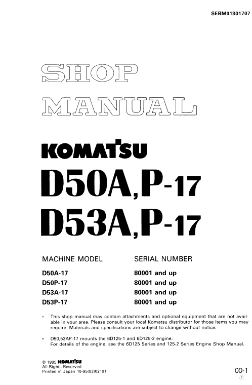 Komatsu D50a-17, D50p-17, D53a-17, D53p-17 Dozer Service Manual