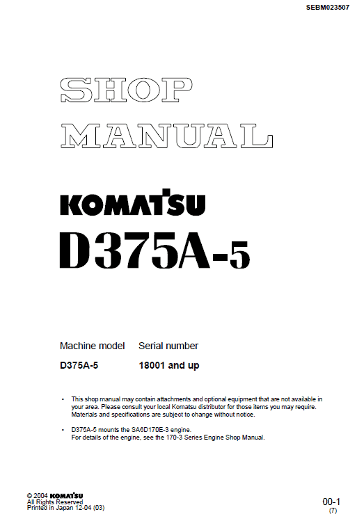 Komatsu D375a-5, D375a-5e0 Dozer Service Manual