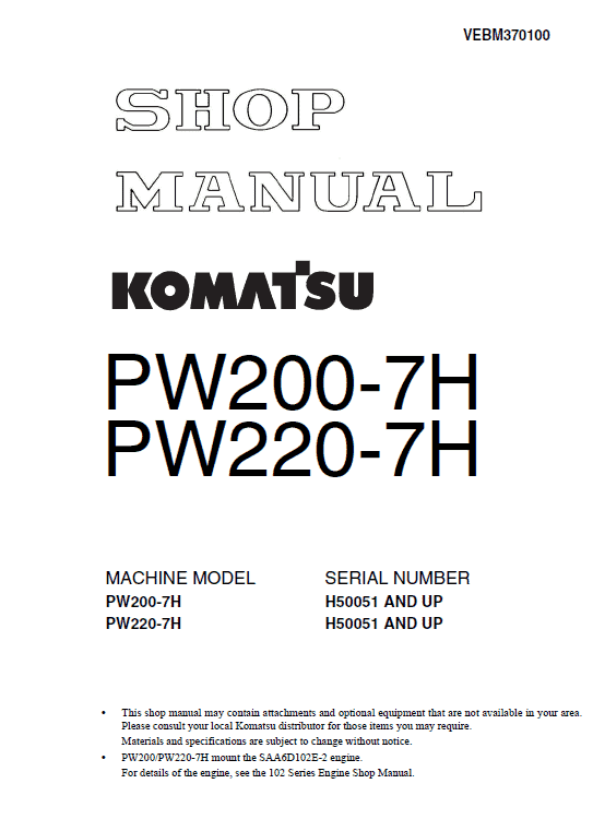 Komatsu Pw200-7 And Pw220-7 Excavator Service Manual
